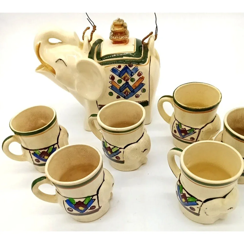 Vintage Japan Porcelain Elephant Hand Painted Pagota Teapot with 6 Matching Cups